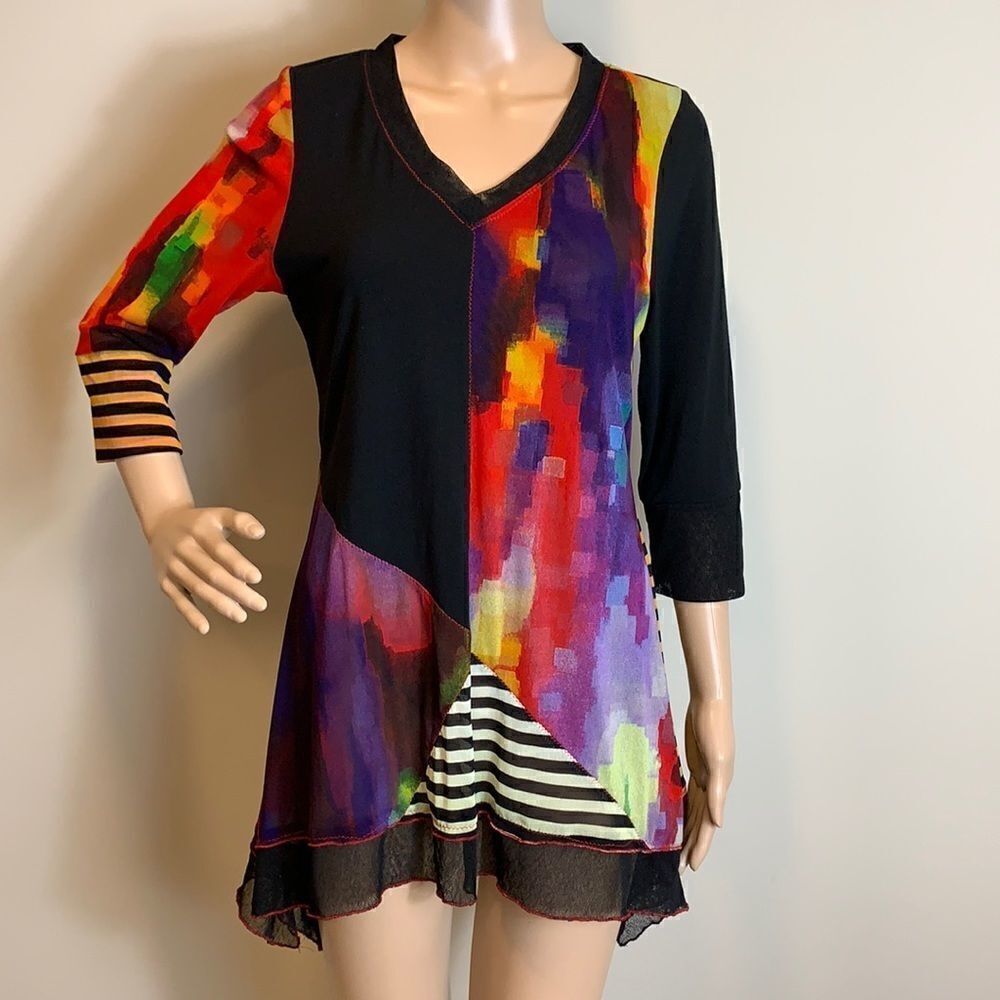 Lior striped patchwork mixed media colorful tunic top size S